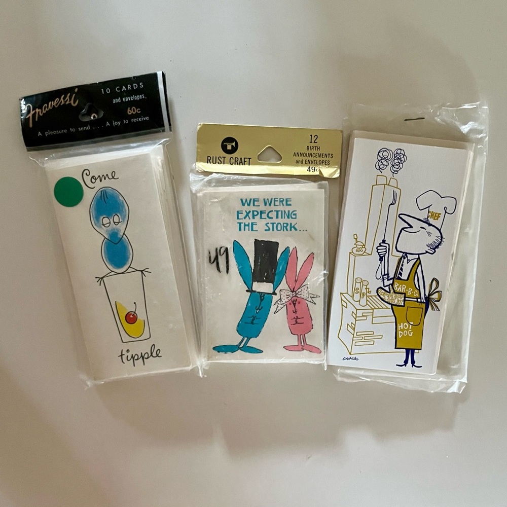 3 sets of vintage greeting cards: cocktail invites, birth announcements, bbq